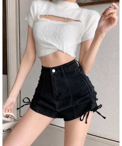FUNdaysion（ファンデイション）の「サイドドロストギャザーデニムショートパンツ（デニムパンツ・レディース・ダークグレー/ブラック/サックスブルー・S/L/M）」の18枚目の写真
