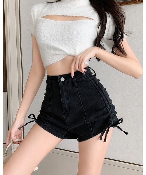 FUNdaysion（ファンデイション）の「サイドドロストギャザーデニムショートパンツ（デニムパンツ・レディース・ダークグレー/ブラック/サックスブルー・S/L/M）」の20枚目の写真