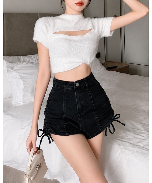 FUNdaysion（ファンデイション）の「サイドドロストギャザーデニムショートパンツ（デニムパンツ・レディース・ダークグレー/ブラック/サックスブルー・S/L/M）」の21枚目の写真