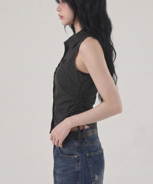 THE GREEN LAB（ザグリーンラボ）の「チェックシャーリングスリーブレスブラウス[ホワイト]（シャツ/ブラウス・レディース・その他・FREE）」の5枚目の写真