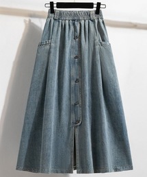ウエストゴムフロントボタンポケット付きデニムスカート