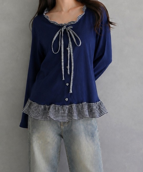 meJane(ミージェーン)の「フリルチェック柄 ペプラムテレコトップス(Tシャツ/カットソー・レディース・ネイビー/ブラウン/グレー・FREE)」の3枚目の写真