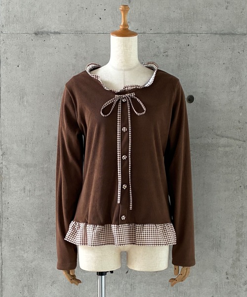 meJane(ミージェーン)の「フリルチェック柄 ペプラムテレコトップス(Tシャツ/カットソー・レディース・ネイビー/ブラウン/グレー・FREE)」の16枚目の写真