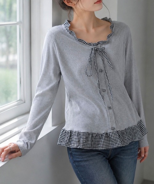 meJane(ミージェーン)の「フリルチェック柄 ペプラムテレコトップス(Tシャツ/カットソー・レディース・ネイビー/ブラウン/グレー・FREE)」の6枚目の写真