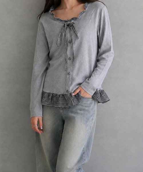 meJane(ミージェーン)の「フリルチェック柄 ペプラムテレコトップス(Tシャツ/カットソー・レディース・ネイビー/ブラウン/グレー・FREE)」の8枚目の写真