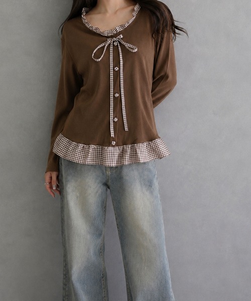 meJane(ミージェーン)の「フリルチェック柄 ペプラムテレコトップス(Tシャツ/カットソー・レディース・ネイビー/ブラウン/グレー・FREE)」の21枚目の写真