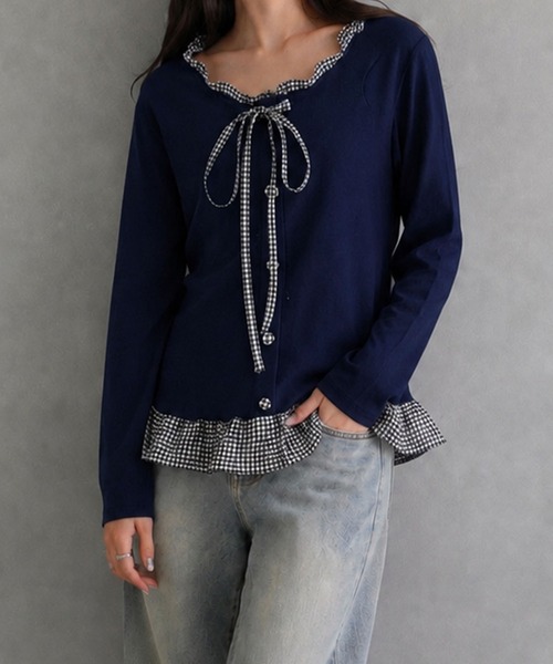 meJane(ミージェーン)の「フリルチェック柄 ペプラムテレコトップス(Tシャツ/カットソー・レディース・ネイビー/ブラウン/グレー・FREE)」の18枚目の写真