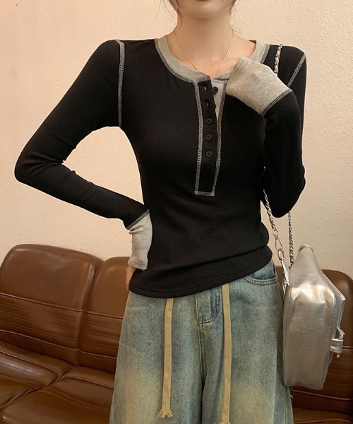 Aelina(エリナ)の「配色長袖Tシャツ(Tシャツ/カットソー・レディース・ブラック/グレー・L/M)」の2枚目の写真