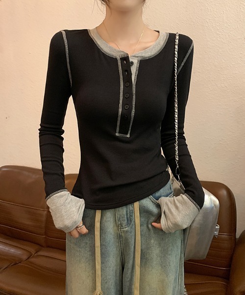 Aelina(エリナ)の「配色長袖Tシャツ(Tシャツ/カットソー・レディース・ブラック/グレー・L/M)」の3枚目の写真