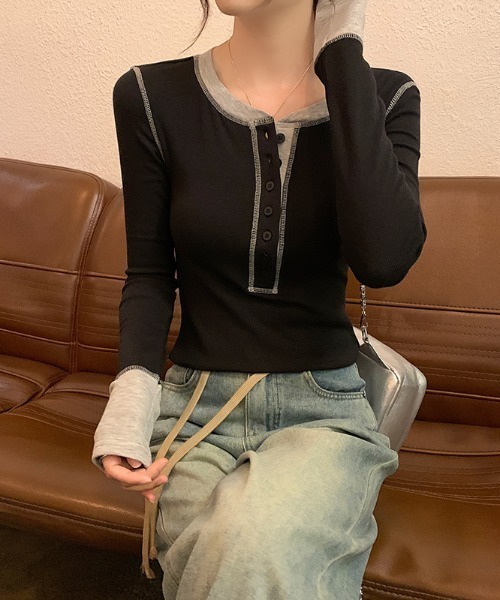 Aelina(エリナ)の「配色長袖Tシャツ(Tシャツ/カットソー・レディース・ブラック/グレー・L/M)」の4枚目の写真