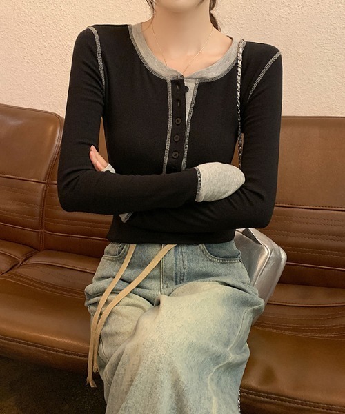 Aelina(エリナ)の「配色長袖Tシャツ(Tシャツ/カットソー・レディース・ブラック/グレー・L/M)」の5枚目の写真