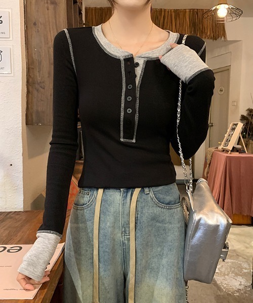 Aelina(エリナ)の「配色長袖Tシャツ(Tシャツ/カットソー・レディース・ブラック/グレー・L/M)」の6枚目の写真