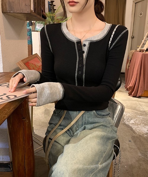 Aelina(エリナ)の「配色長袖Tシャツ(Tシャツ/カットソー・レディース・ブラック/グレー・L/M)」の7枚目の写真