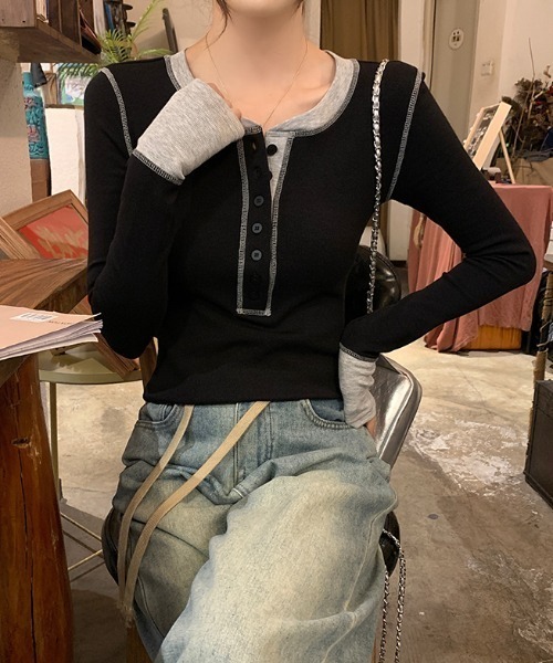 Aelina(エリナ)の「配色長袖Tシャツ(Tシャツ/カットソー・レディース・ブラック/グレー・L/M)」の8枚目の写真