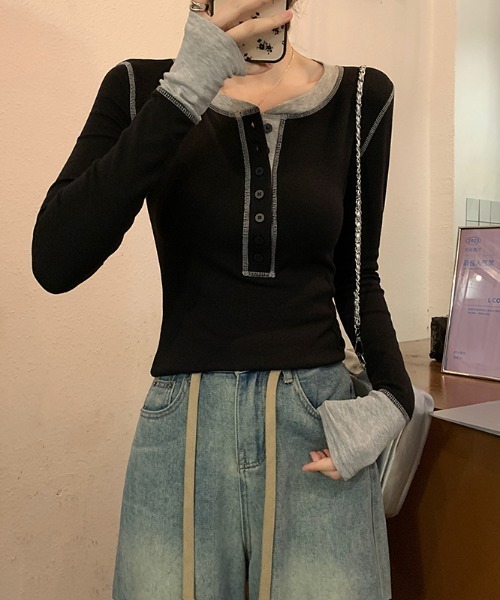 Aelina(エリナ)の「配色長袖Tシャツ(Tシャツ/カットソー・レディース・ブラック/グレー・L/M)」の9枚目の写真