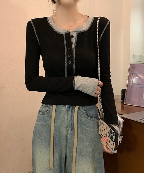 Aelina(エリナ)の「配色長袖Tシャツ(Tシャツ/カットソー・レディース・ブラック/グレー・L/M)」の10枚目の写真