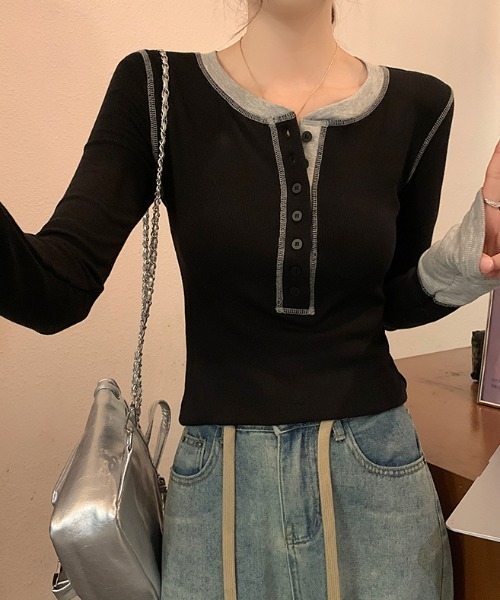 Aelina(エリナ)の「配色長袖Tシャツ(Tシャツ/カットソー・レディース・ブラック/グレー・L/M)」の11枚目の写真