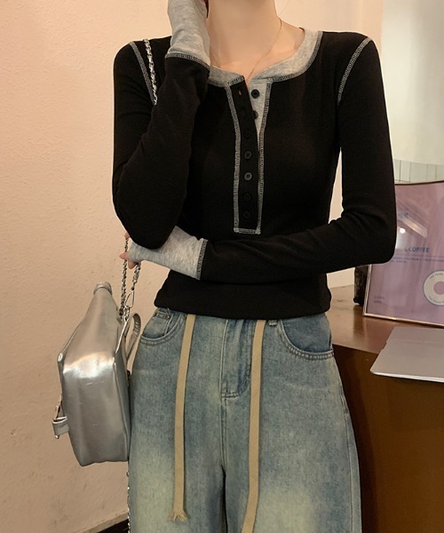 Aelina(エリナ)の「配色長袖Tシャツ(Tシャツ/カットソー・レディース・ブラック/グレー・L/M)」の12枚目の写真
