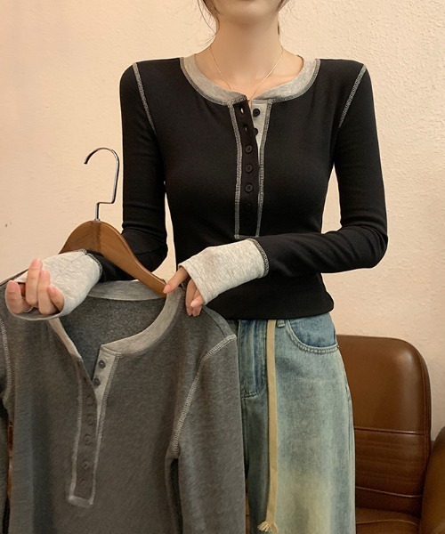 Aelina(エリナ)の「配色長袖Tシャツ(Tシャツ/カットソー・レディース・ブラック/グレー・L/M)」の13枚目の写真