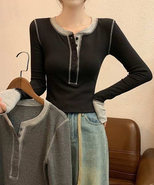 Aelina(エリナ)の「配色長袖Tシャツ(Tシャツ/カットソー・レディース・ブラック/グレー・L/M)」の14枚目の写真