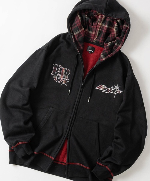 JOHN'S CLOSET(ジョンズクローゼット)の「【24】配色裏起毛 チェックドッキング ロゴアップリケ フルジップパーカー レトロ/Y2K(パーカー・メンズ・ネイビー/ブラック/杢グレー・MEDIUM/LARGE)」の1枚目の写真