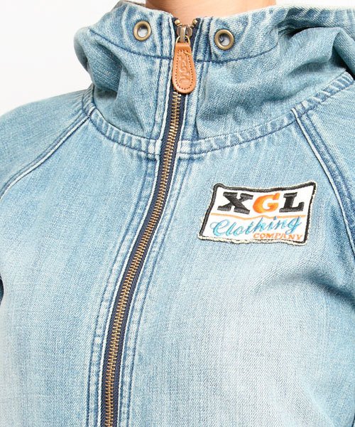 X-girl（エックスガール）の「X-girl CREW DENIM HOODIE JACKET（デニムジャケット・レディース・インディゴブルー/ライトインディゴブルー・1/2）」の5枚目の写真