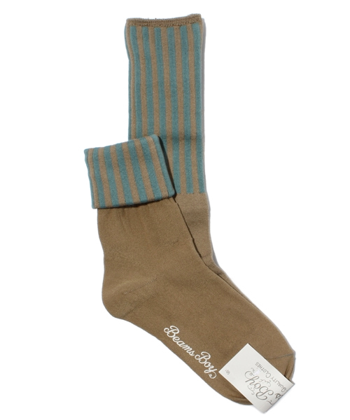BEAMS BOY（ビームスボーイ）の「BEAMS BOY / 折り返し ストライプソックス（ソックス/靴下・レディース・ナチュラル/ベージュ/ネイビー・ONE SIZE）」の2枚目の写真