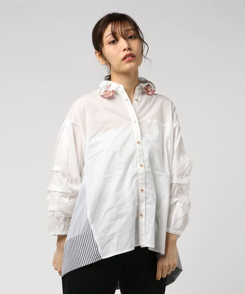 Is Scolar イズスカラー の 襟刺繍 袖コンシャスシャツ シャツ ブラウス Wear