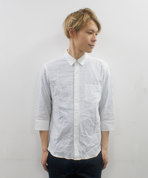 CIAOPANIC(チャオパニック)の「【Ciaopanic】リネン混シャツ7分袖(シャツ/ブラウス・メンズ・ネイビー/マスタード/ホワイト/ブラック/ダークグリーン/ライトグリーン/ブルー/サックスブルー/コバルトブルー/ライトイエロー・MEDIUM/SMALL/LARGE)」の1枚目の写真