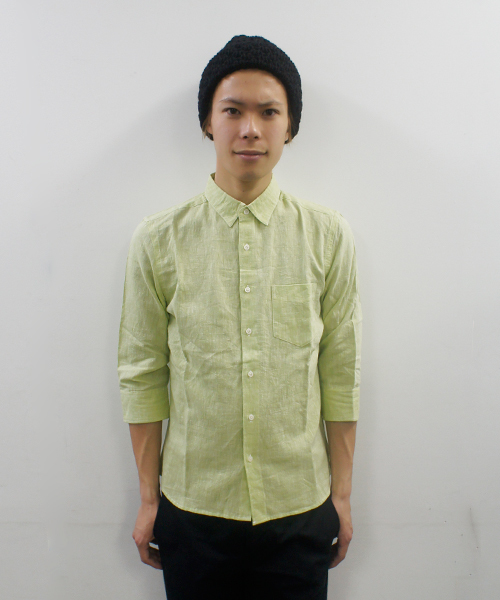 CIAOPANIC(チャオパニック)の「【Ciaopanic】リネン混シャツ7分袖(シャツ/ブラウス・メンズ・ネイビー/マスタード/ホワイト/ブラック/ダークグリーン/ライトグリーン/ブルー/サックスブルー/コバルトブルー/ライトイエロー・MEDIUM/SMALL/LARGE)」の5枚目の写真