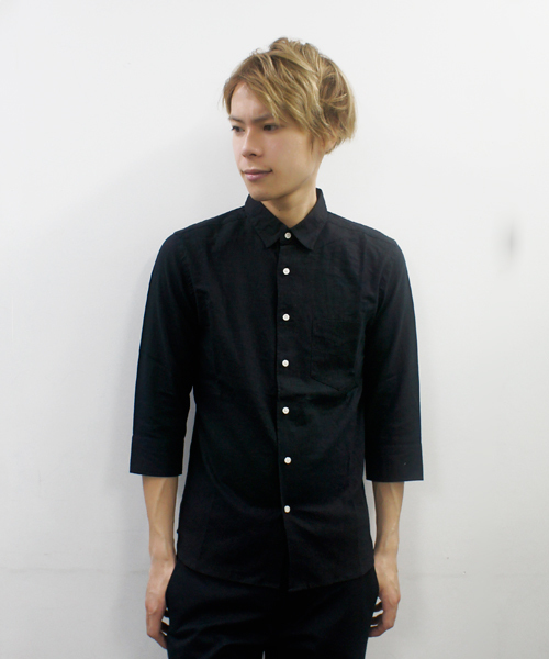 CIAOPANIC(チャオパニック)の「【Ciaopanic】リネン混シャツ7分袖(シャツ/ブラウス・メンズ・ネイビー/マスタード/ホワイト/ブラック/ダークグリーン/ライトグリーン/ブルー/サックスブルー/コバルトブルー/ライトイエロー・MEDIUM/SMALL/LARGE)」の3枚目の写真