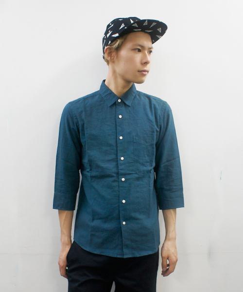 CIAOPANIC(チャオパニック)の「【Ciaopanic】リネン混シャツ7分袖(シャツ/ブラウス・メンズ・ネイビー/マスタード/ホワイト/ブラック/ダークグリーン/ライトグリーン/ブルー/サックスブルー/コバルトブルー/ライトイエロー・MEDIUM/SMALL/LARGE)」の4枚目の写真