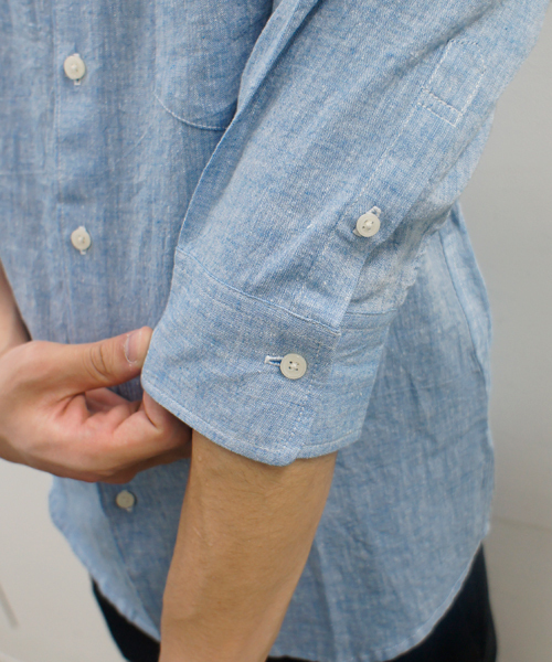 CIAOPANIC(チャオパニック)の「【Ciaopanic】リネン混シャツ7分袖(シャツ/ブラウス・メンズ・ネイビー/マスタード/ホワイト/ブラック/ダークグリーン/ライトグリーン/ブルー/サックスブルー/コバルトブルー/ライトイエロー・MEDIUM/SMALL/LARGE)」の11枚目の写真