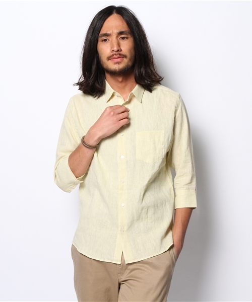 CIAOPANIC(チャオパニック)の「【Ciaopanic】リネン混シャツ7分袖(シャツ/ブラウス・メンズ・ネイビー/マスタード/ホワイト/ブラック/ダークグリーン/ライトグリーン/ブルー/サックスブルー/コバルトブルー/ライトイエロー・MEDIUM/SMALL/LARGE)」の10枚目の写真