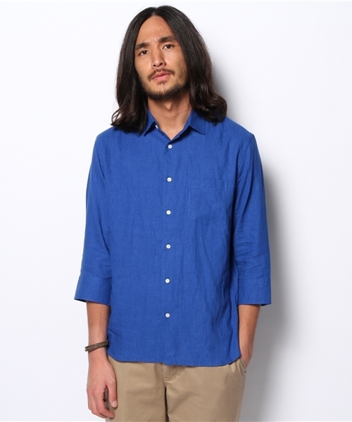 CIAOPANIC(チャオパニック)の「【Ciaopanic】リネン混シャツ7分袖(シャツ/ブラウス・メンズ・ネイビー/マスタード/ホワイト/ブラック/ダークグリーン/ライトグリーン/ブルー/サックスブルー/コバルトブルー/ライトイエロー・MEDIUM/SMALL/LARGE)」の9枚目の写真