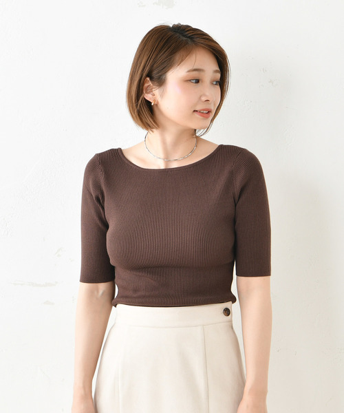 DouDou(ドゥドゥ)の「5分袖2WAYプルオーバー(ニット/セーター・レディース・オフホワイト/ブラック/ダークブラウン/グレイッシュベージュ・FREE)」の17枚目の写真