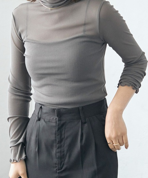 ECRIRE（エクリール）の「シースルーカットソー（Tシャツ/カットソー・レディース・ブラック/ブラウン/オフホワイト/グリーン/グレー/ベージュ/ブルー/ダークブラウン/ダークグレー/ピンク・フリー）」の5枚目の写真