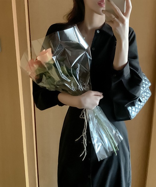 Girly Doll（ガーリードール）の「ウエストリボンフレアシャツワンピース（ワンピース・レディース・ブラック/ベージュ/ネイビー/グレー/ピンクベージュ・M/L）」の7枚目の写真