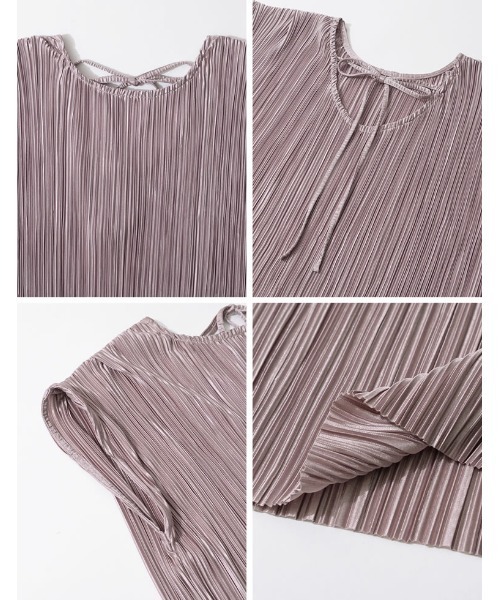 Re:EDIT（リエディ）の「グロッシーサテンプリーツバックリボンノースリーブワンピース（ワンピース・レディース・ピンク/ブラック/グレイッシュベージュ・SHORT/MEDIUM/LARGE）」の16枚目の写真