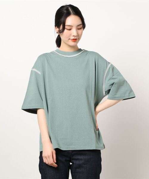 Samansa Mos2(サマンサ モスモス)の「配色ステッチTシャツ(Tシャツ/カットソー・レディース・ブラウン/ベージュ/キナリ/ミント・フリ-)」の4枚目の写真