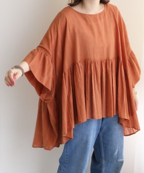 TRIANGLE PALETTE（トライアングルパレット）の「ジャガードブラウス（インド綿.インドコットン.コットン100%,綿100%）（シャツ/ブラウス・レディース・カーキ/オレンジ/アイボリー/モカ・FREE）」の6枚目の写真