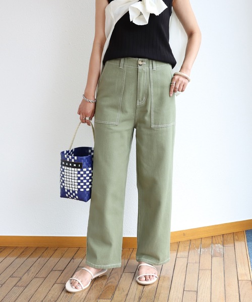 andme(アンドミー)の「コットンハイウエストベイカーワイドパンツ(その他パンツ・レディース・ブラック/オフホワイト/ベージュ/ピンク系その他/ライトカーキ・S/M/L)」の4枚目の写真
