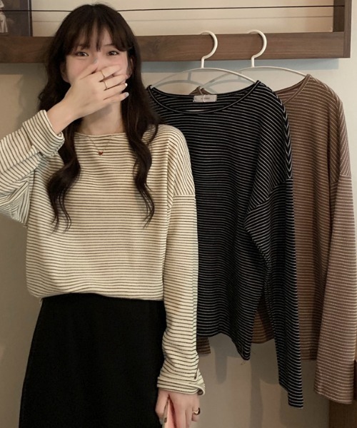 Diosfront(ディオスフロント)の「ハーフボーダーロングTシャツ(Tシャツ/カットソー・レディース・ホワイト/ブラック/ブラウン・FREE)」の7枚目の写真