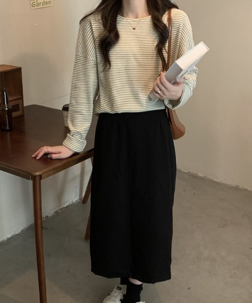 Diosfront(ディオスフロント)の「ハーフボーダーロングTシャツ(Tシャツ/カットソー・レディース・ホワイト/ブラック/ブラウン・FREE)」の10枚目の写真