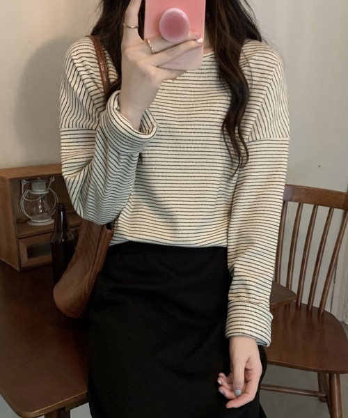 Diosfront(ディオスフロント)の「ハーフボーダーロングTシャツ(Tシャツ/カットソー・レディース・ホワイト/ブラック/ブラウン・FREE)」の13枚目の写真