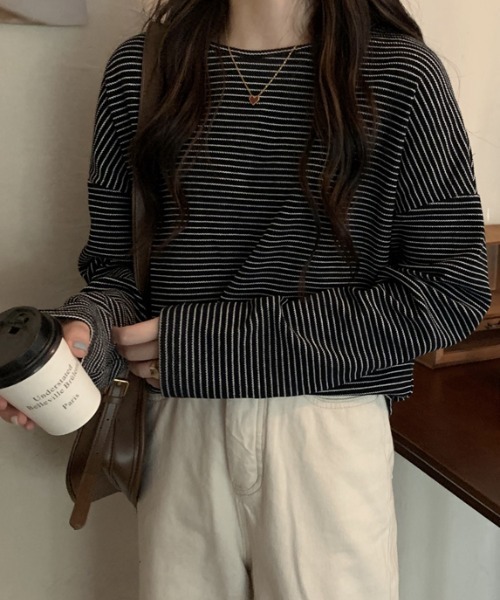 Diosfront(ディオスフロント)の「ハーフボーダーロングTシャツ(Tシャツ/カットソー・レディース・ホワイト/ブラック/ブラウン・FREE)」の18枚目の写真