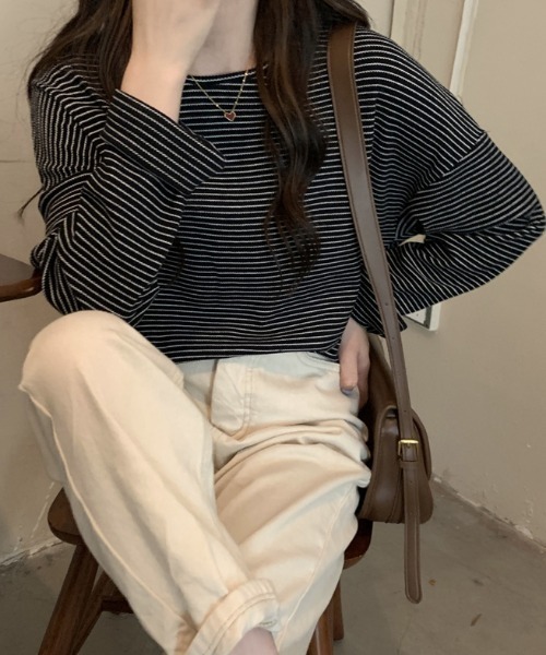 Diosfront(ディオスフロント)の「ハーフボーダーロングTシャツ(Tシャツ/カットソー・レディース・ホワイト/ブラック/ブラウン・FREE)」の20枚目の写真