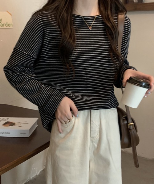 Diosfront(ディオスフロント)の「ハーフボーダーロングTシャツ(Tシャツ/カットソー・レディース・ホワイト/ブラック/ブラウン・FREE)」の22枚目の写真