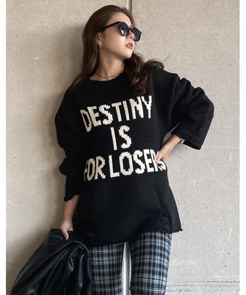 EGOIST（エゴイスト）の「ダメージメッセージニットトップス（ニット/セーター・レディース・ホワイト/ブラック/グリーン・FREE）」の2枚目の写真