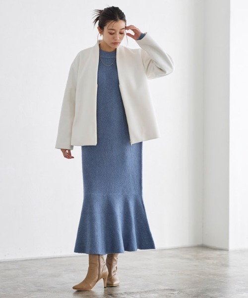 Pierrot（ピエロ）の「ふんわりウォッシャブル裾切り替えプチハイネックニットワンピース（ワンピース・レディース・ネイビー/モカ/チャコール/ベージュ/ブラウン/グリーン/グレイッシュベージュ/ブルー・M/L）」の17枚目の写真